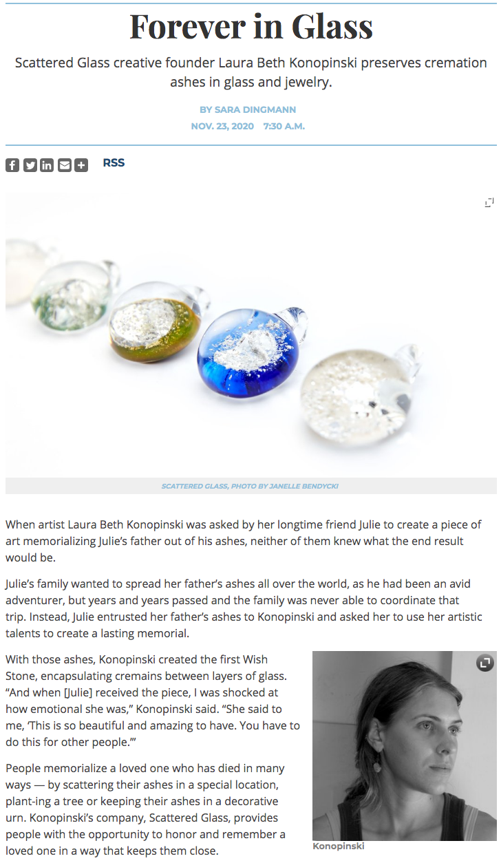 Scattered Glass Cremation Memorial Art in Alexandria Living Magazine